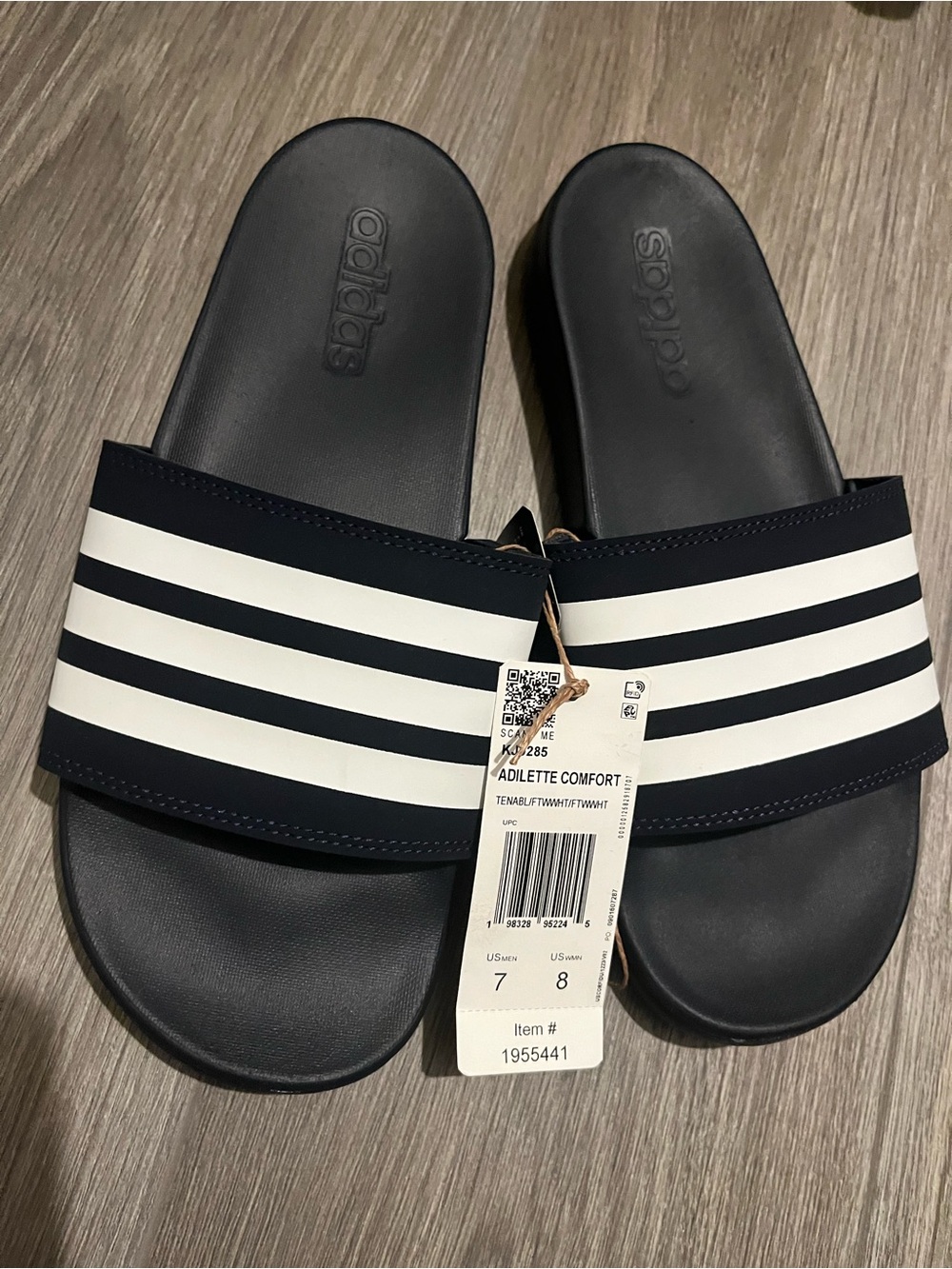 Women adidas Navy Slide Sandals with White Stripes - Picture 2 of 5